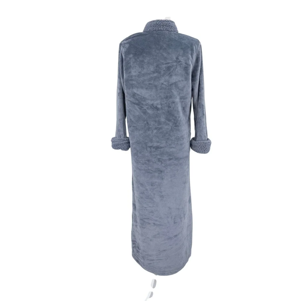 Natori Slate Blue Plush Faux Fur Half Zip Long Robe Sherpa Trim Size M Cozy Warm